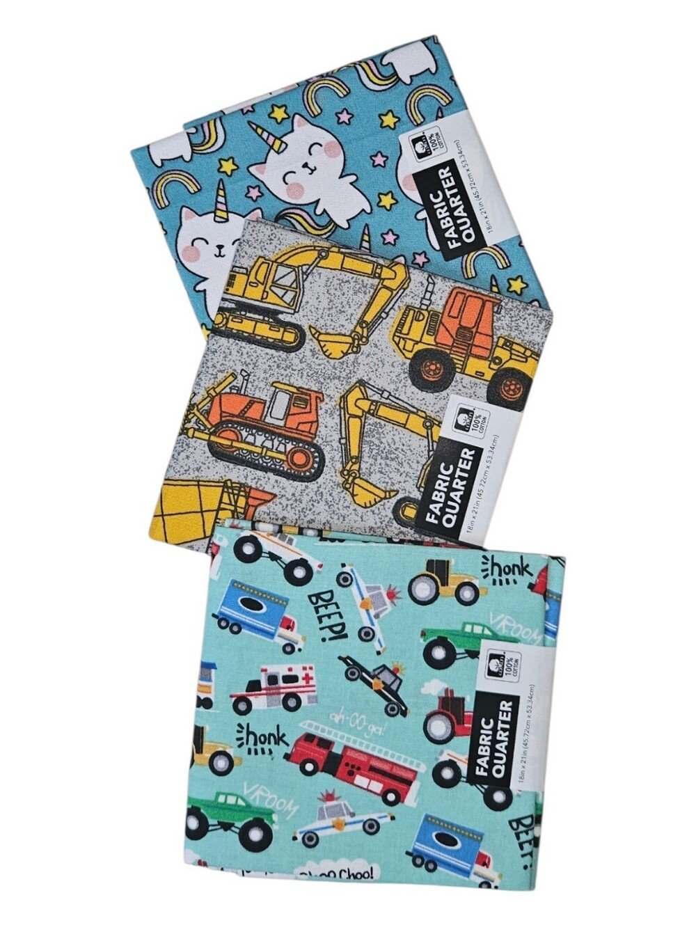 Set of 3 JOANN 100% Cotton Fabric Quarters - Caticorn, Construction Trucks & Veh